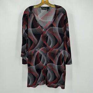 Maggie Barnes Womens 5X Tunic‎ Top Long Sleeve Button Front Red Black Abstract